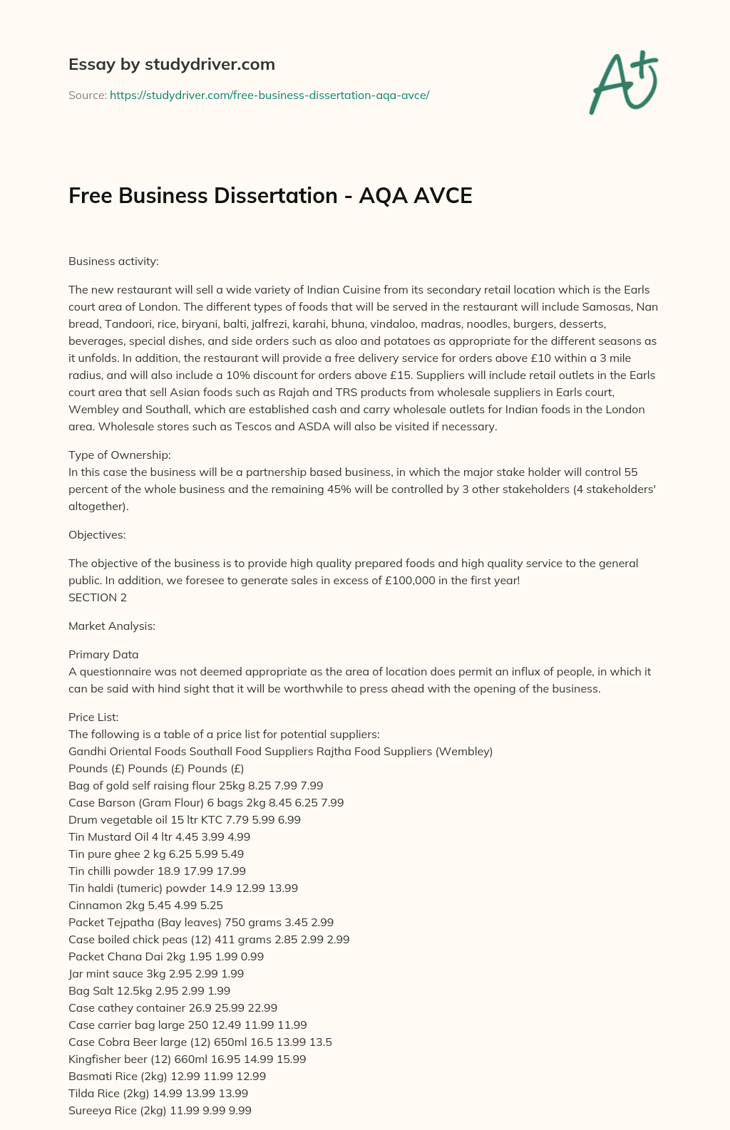 Free Business Dissertation – AQA AVCE essay