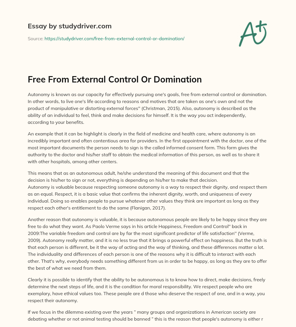 Free from External Control or Domination essay