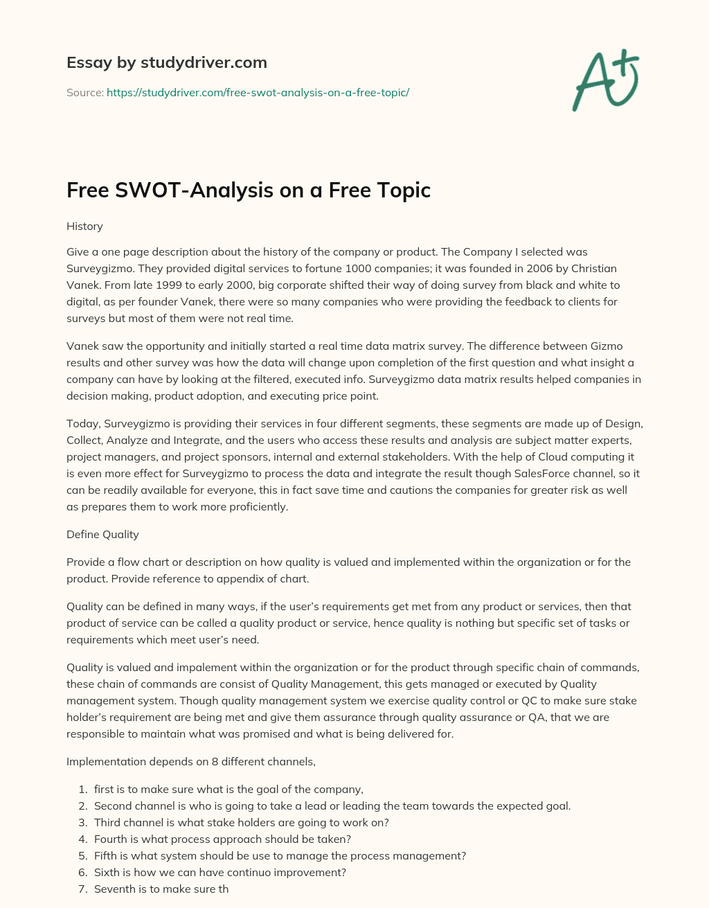 Free SWOT-Analysis on a Free Topic essay