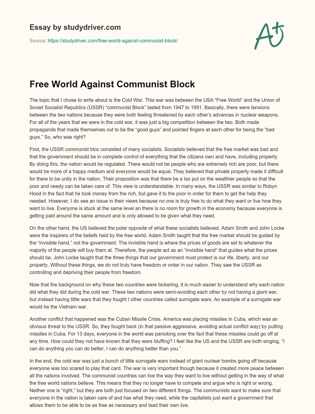 Free World against Communist Block essay