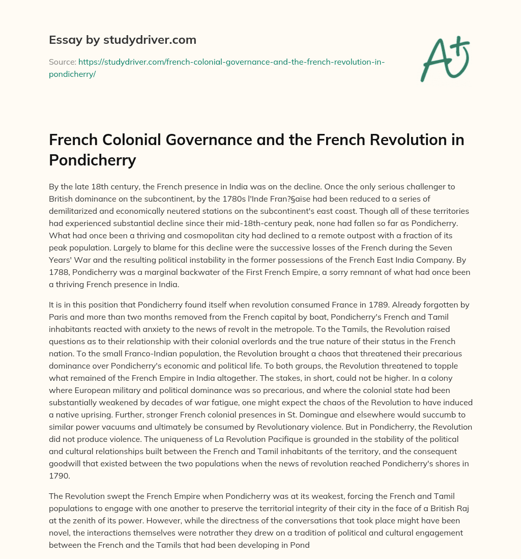 French Colonial Governance and the French Revolution in Pondicherry essay