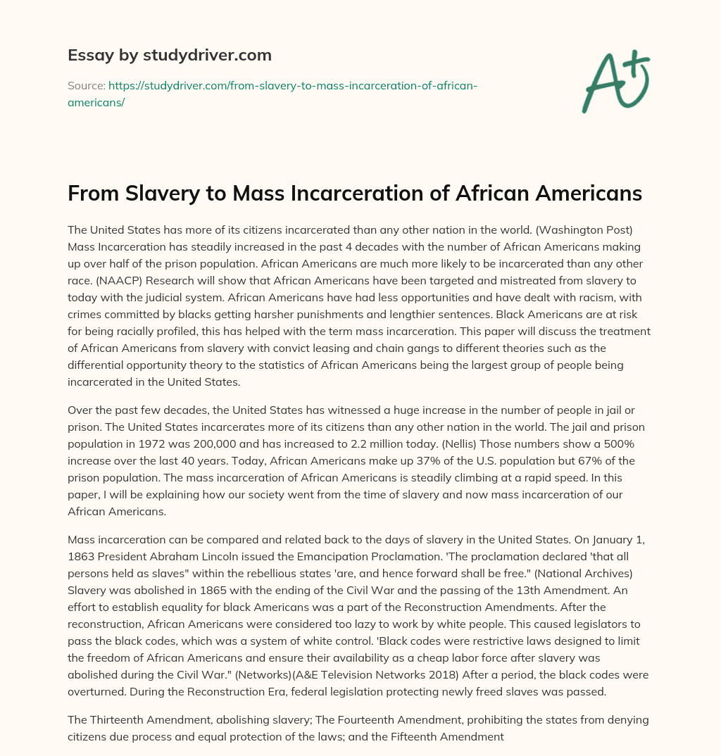 From Slavery to Mass Incarceration of African Americans essay