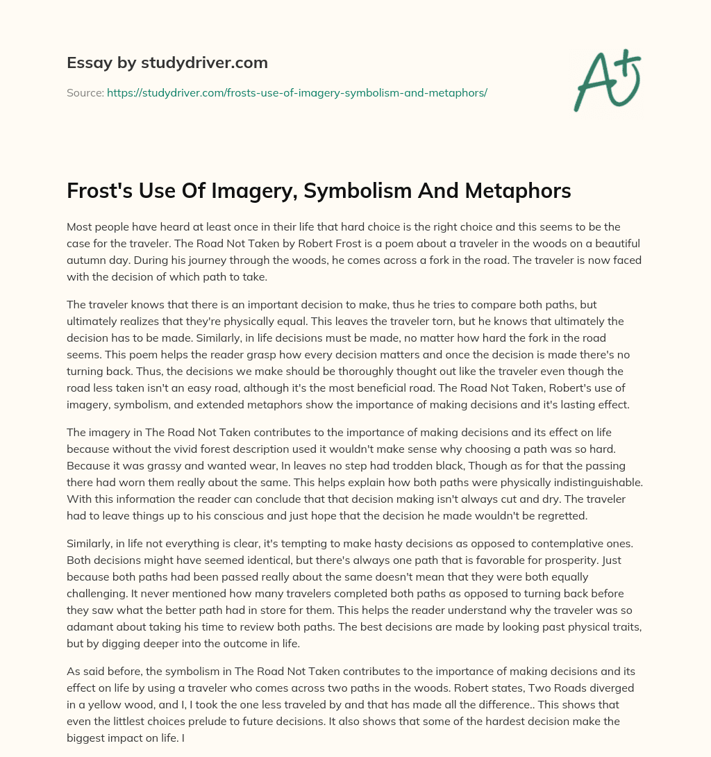 Frost’s Use of Imagery, Symbolism and Metaphors essay