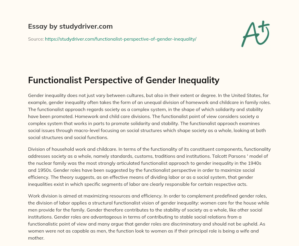 Functionalist Perspective of Gender Inequality essay