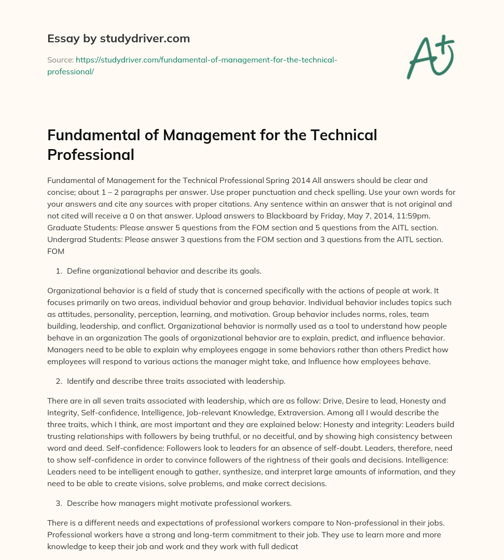 Fundamental of Management for the Technical Professional essay