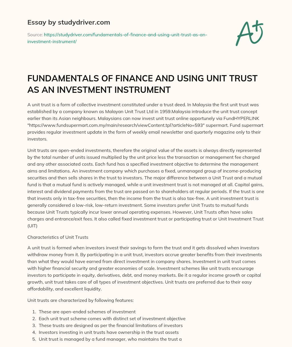 FUNDAMENTALS of FINANCE and USING UNIT TRUST as an INVESTMENT INSTRUMENT essay
