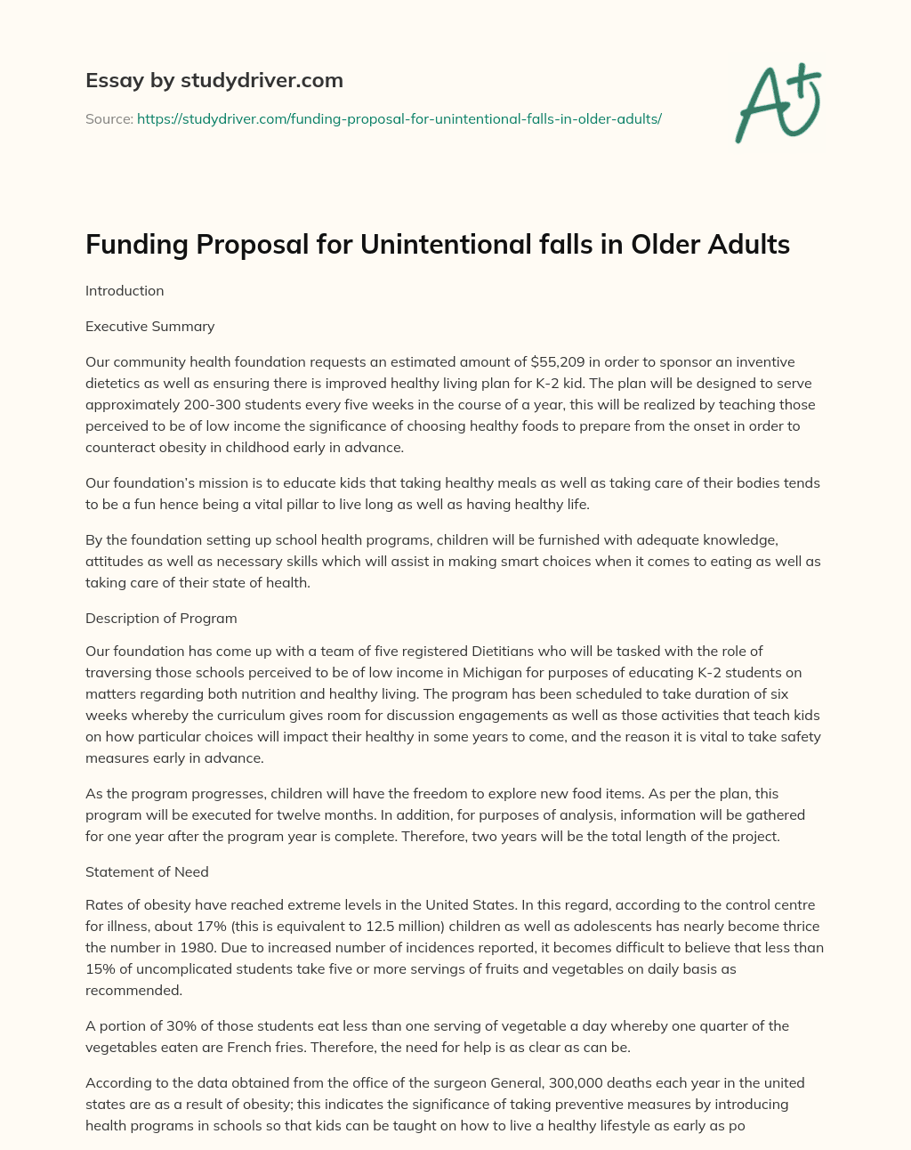 Funding Proposal for Unintentional Falls in Older Adults essay
