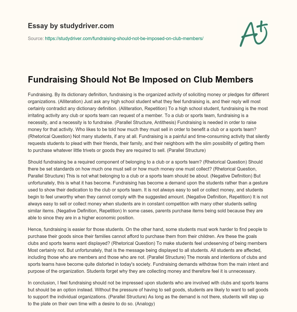 Fundraising should not be Imposed on Club Members essay