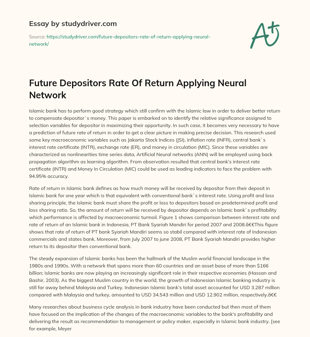 Future Depositors Rate of Return Applying Neural Network essay