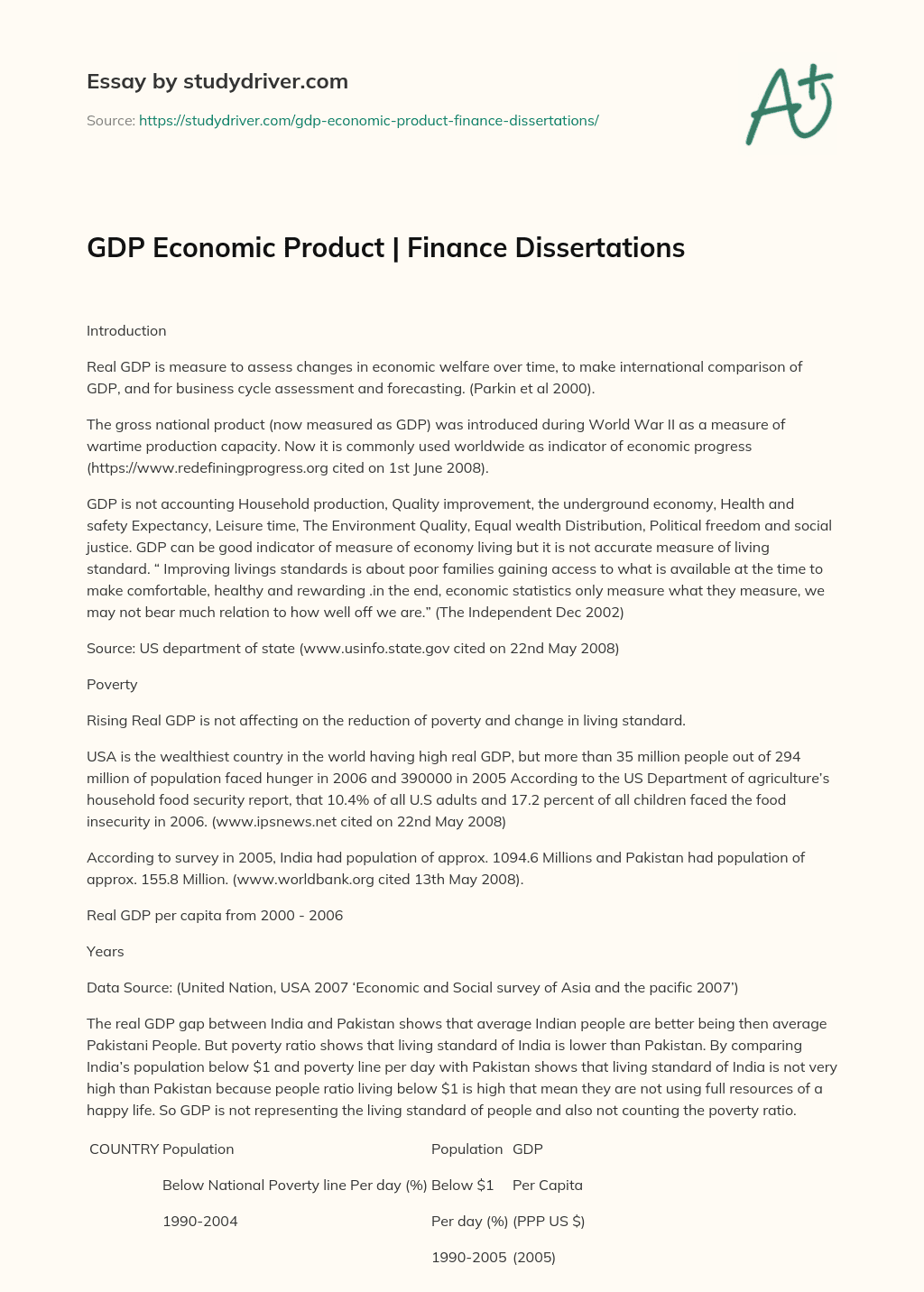 GDP Economic Product | Finance Dissertations essay