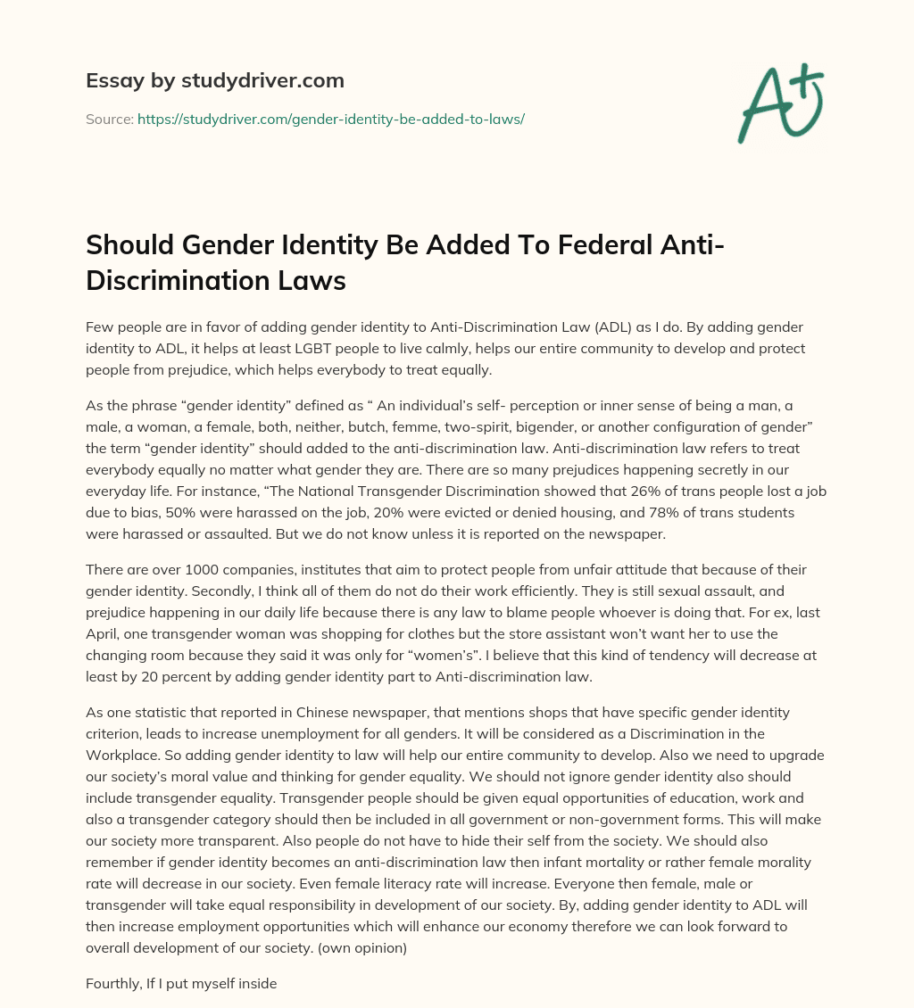 Should Gender Identity be Added to Federal Anti-Discrimination Laws essay