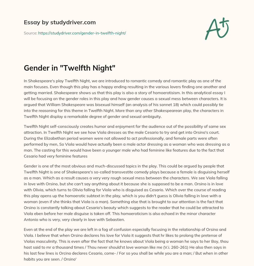Gender in “Twelfth Night” essay