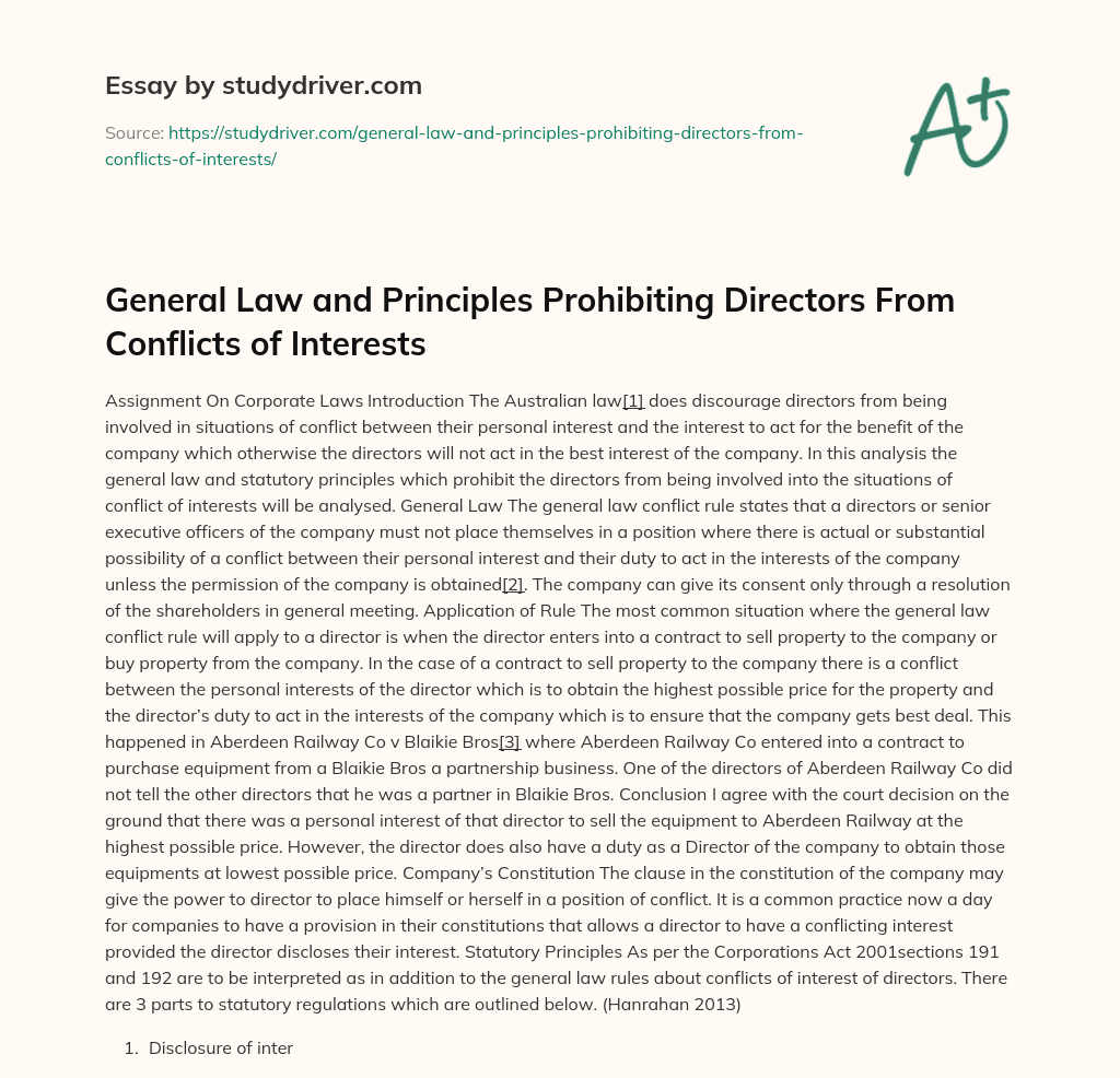 General Law and Principles Prohibiting Directors from Conflicts of Interests essay