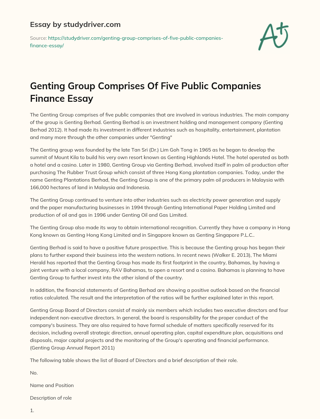 Genting Group Comprises of Five Public Companies Finance Essay essay