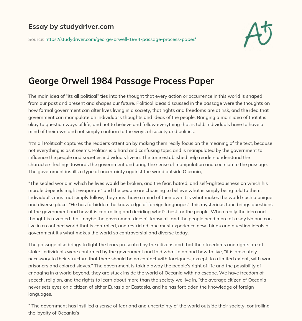 George Orwell 1984 Passage Process Paper essay