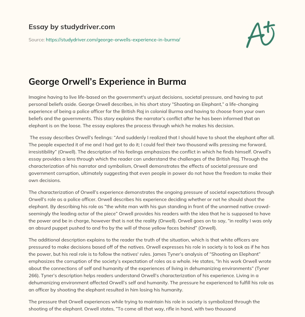 George Orwell’s Experience in Burma essay