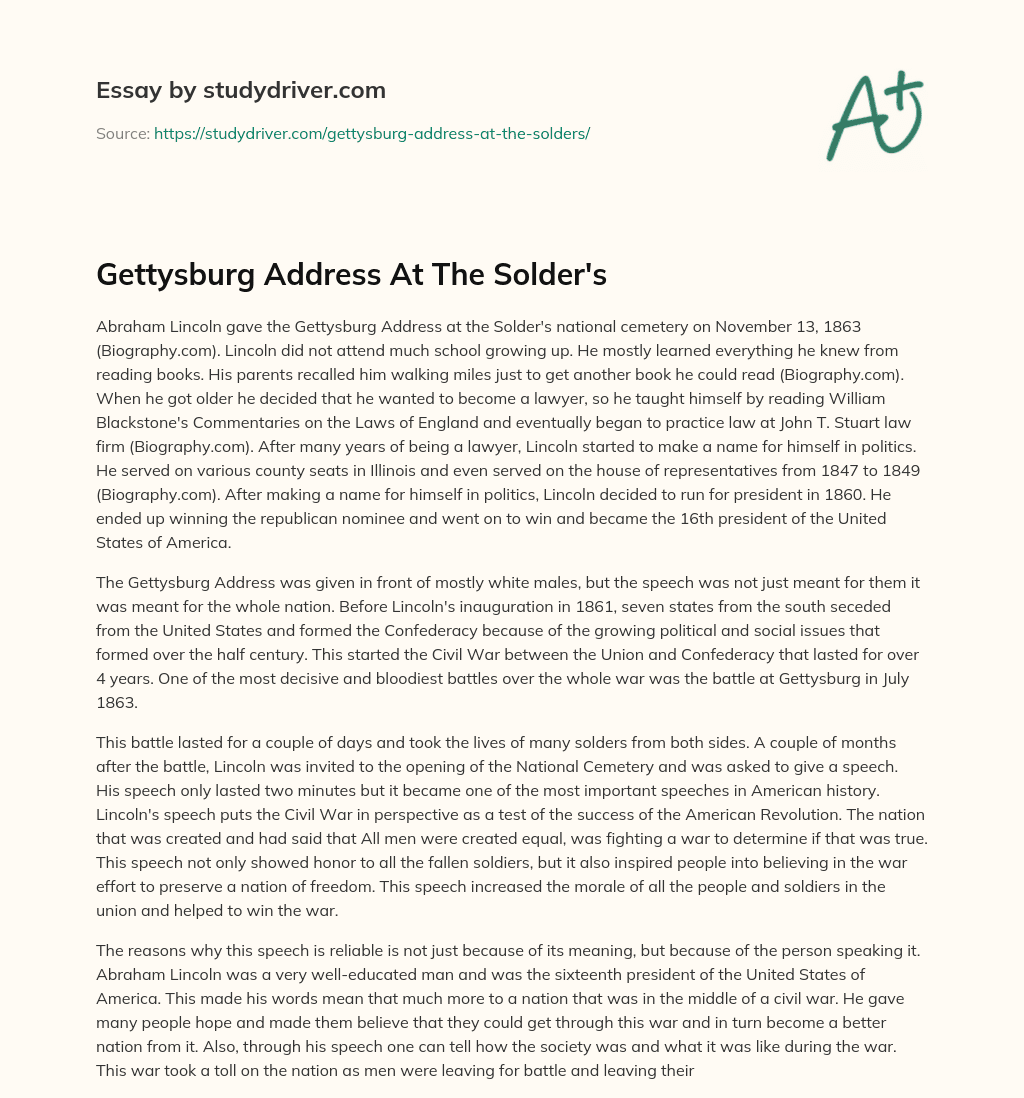 Gettysburg Address at the Solder’s essay