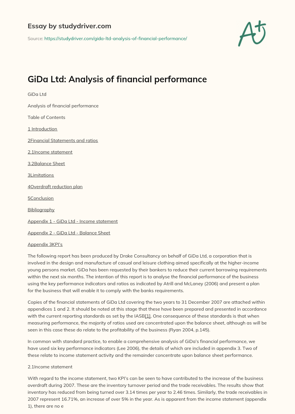 GiDa Ltd: Analysis of Financial Performance essay