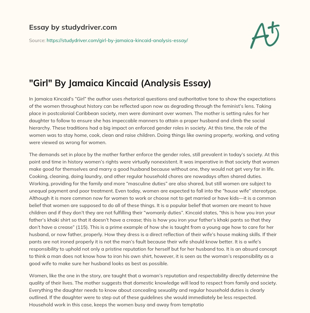 “Girl” by Jamaica Kincaid (Analysis Essay) essay