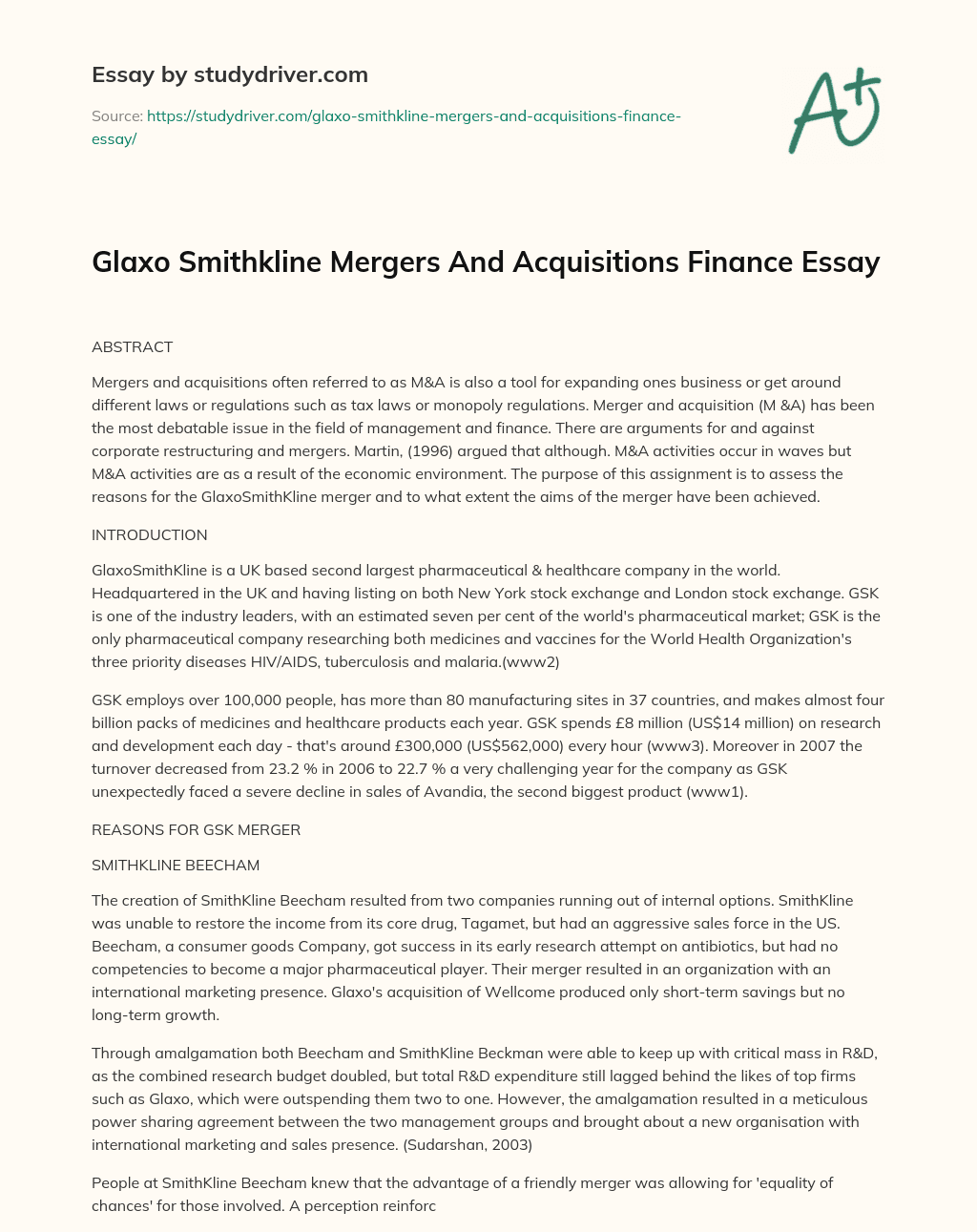 Glaxo Smithkline Mergers and Acquisitions Finance Essay essay