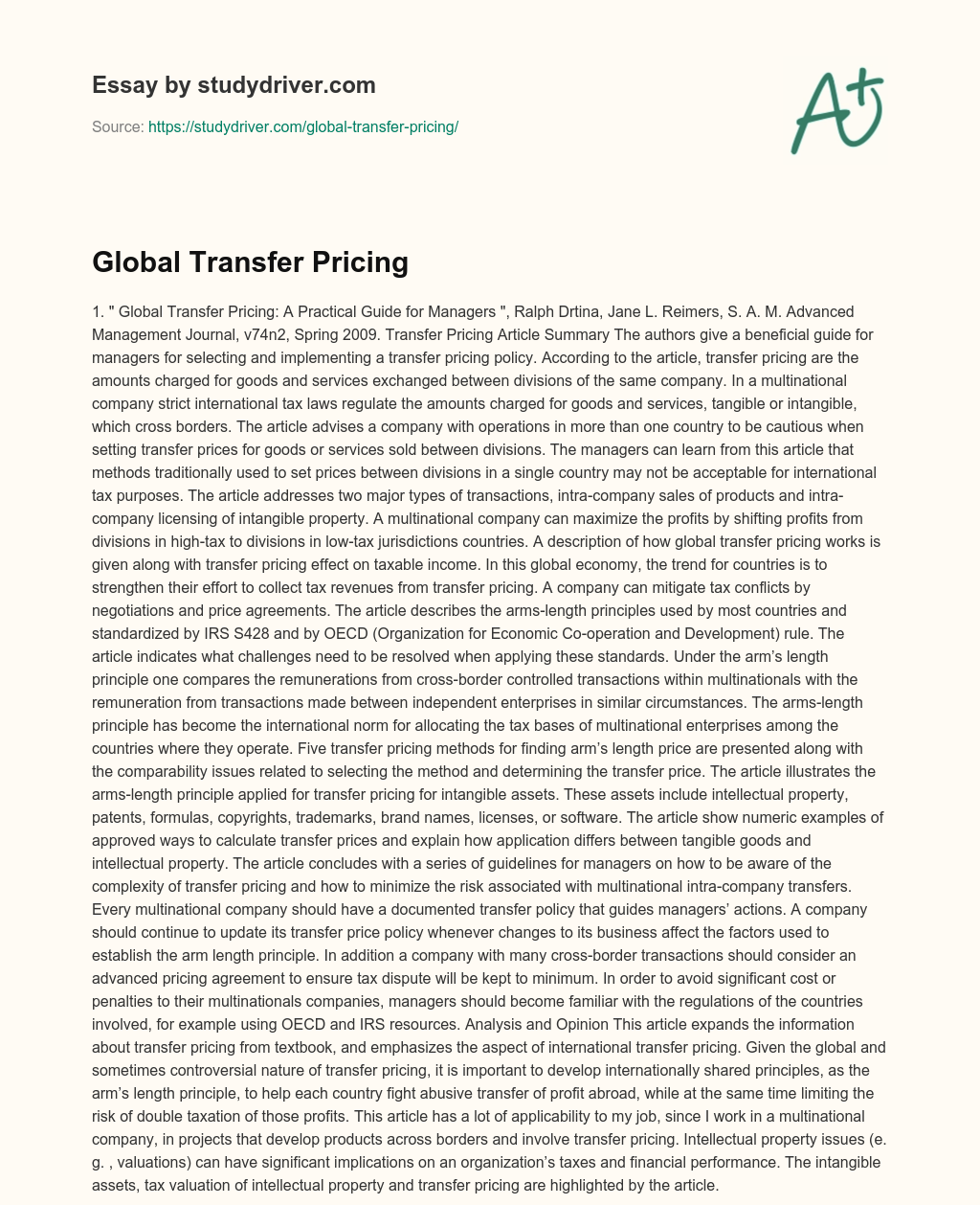 Global Transfer Pricing essay