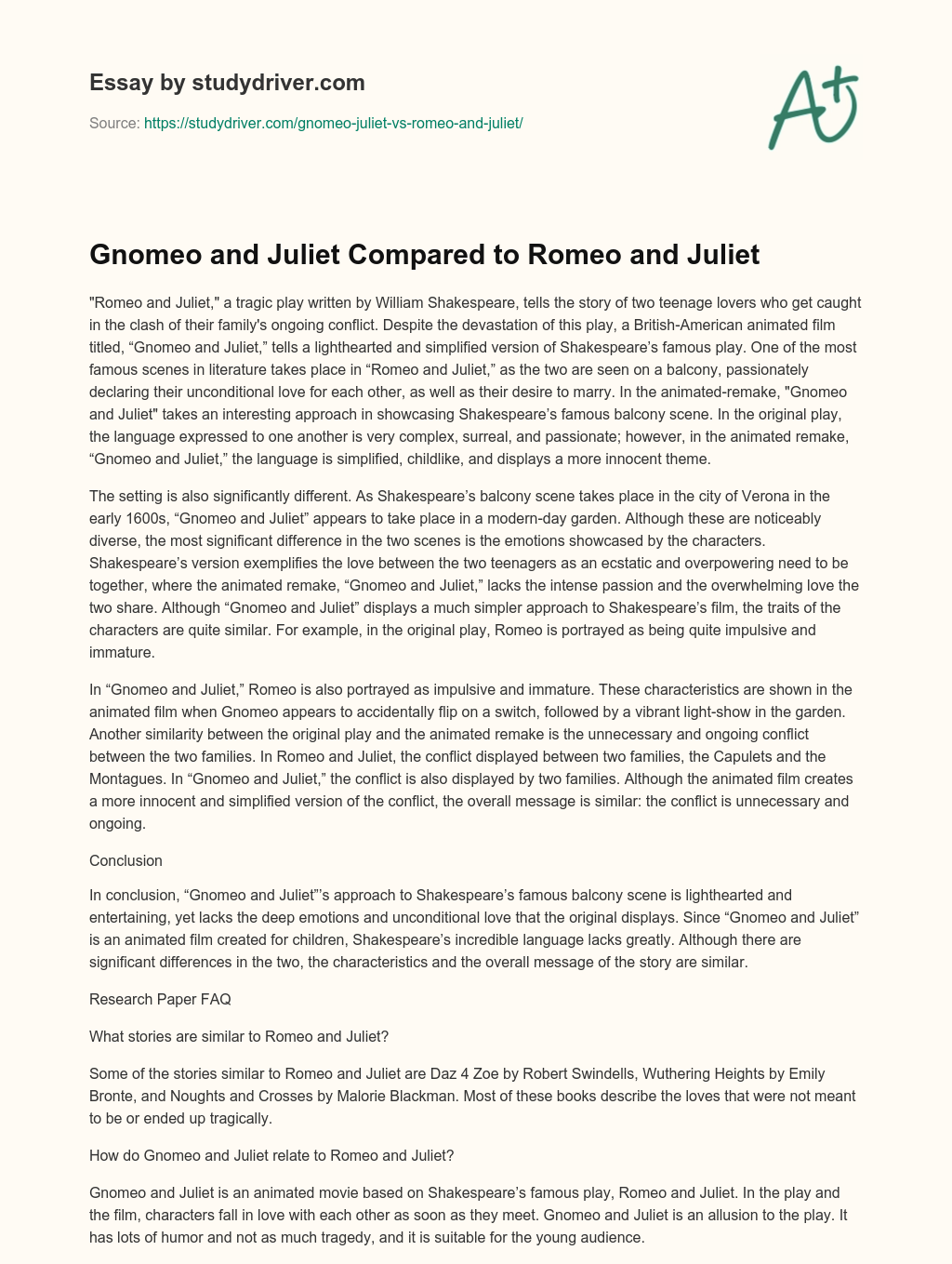 Gnomeo and Juliet Compared to Romeo and Juliet essay