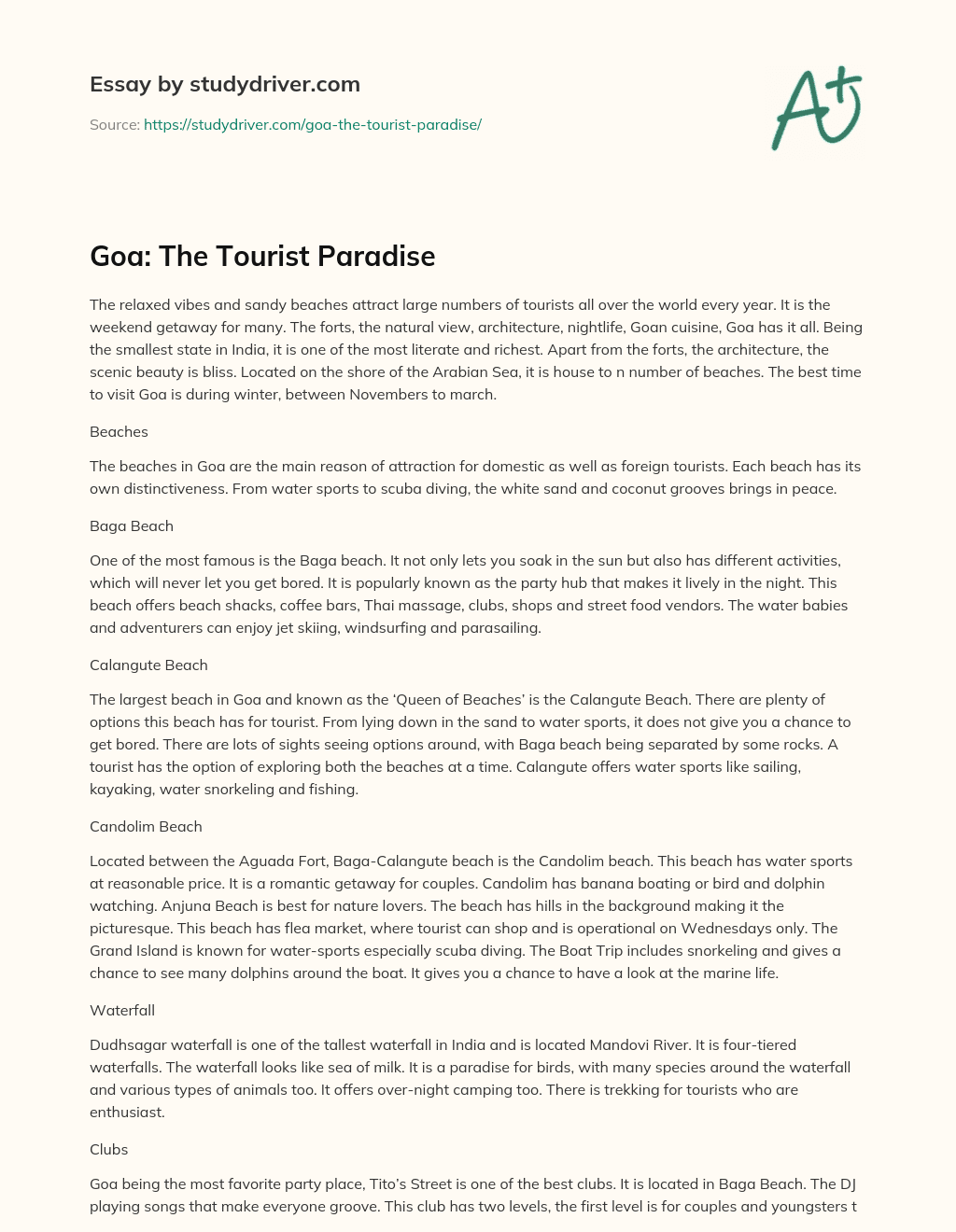 Goa: the Tourist Paradise essay