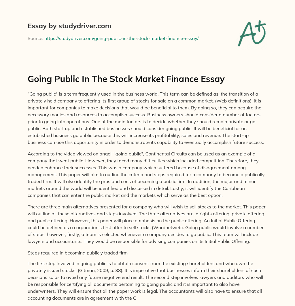 Going Public in the Stock Market Finance Essay essay