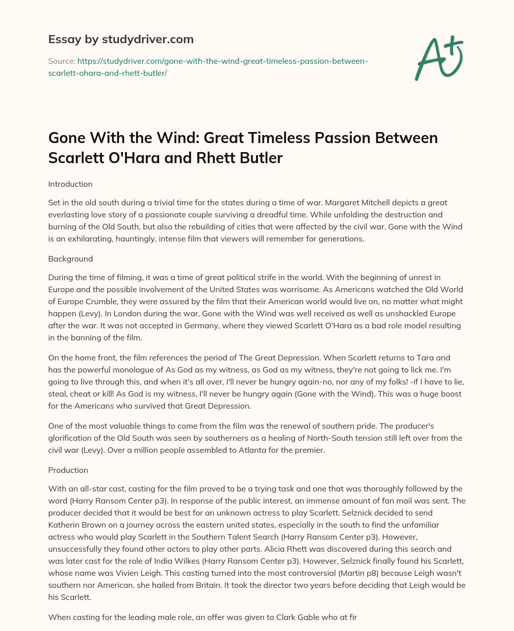 Gone with the Wind: Great Timeless Passion between Scarlett O’Hara and Rhett Butler essay