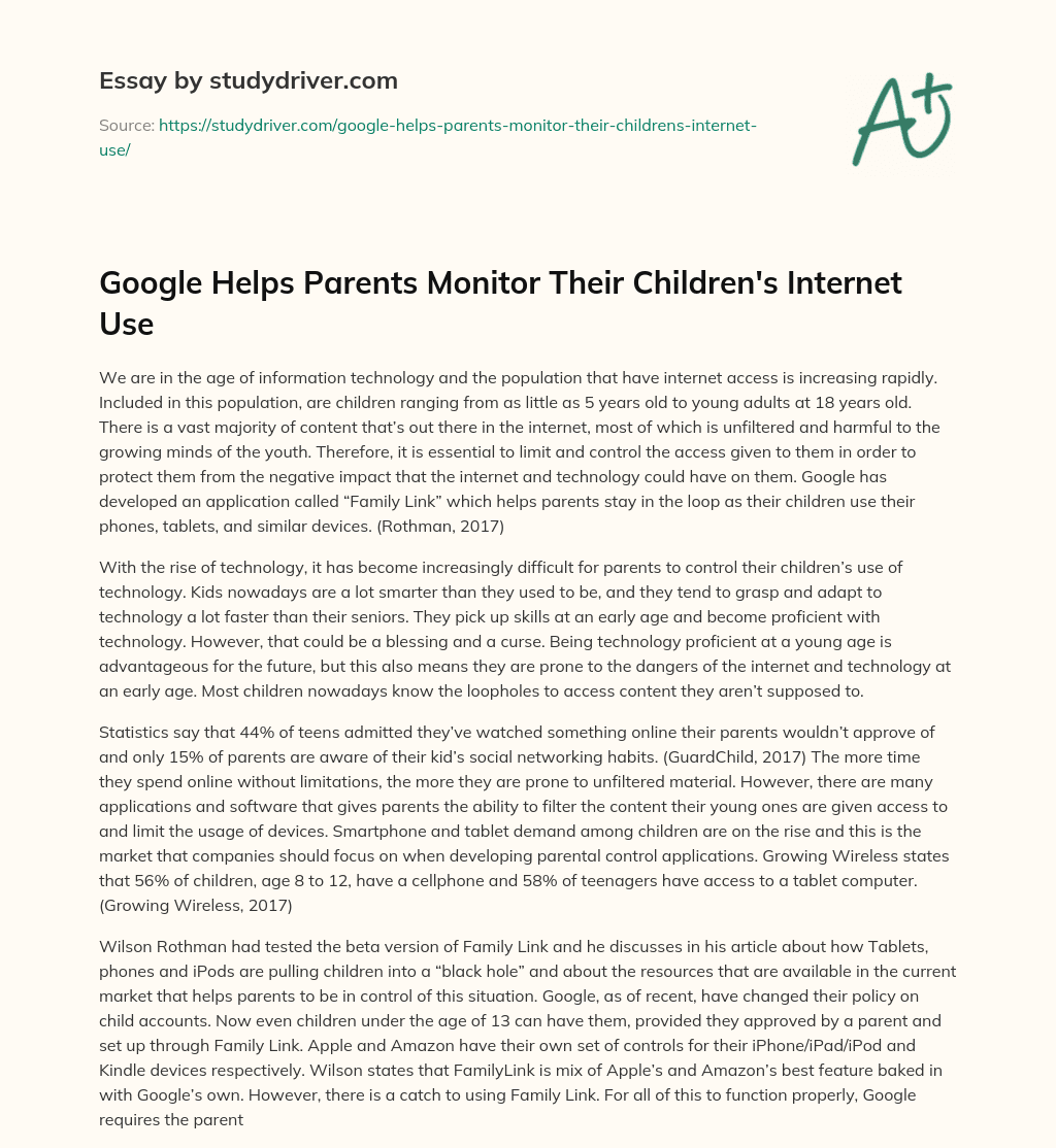 Google Helps Parents Monitor their Children’s Internet Use essay