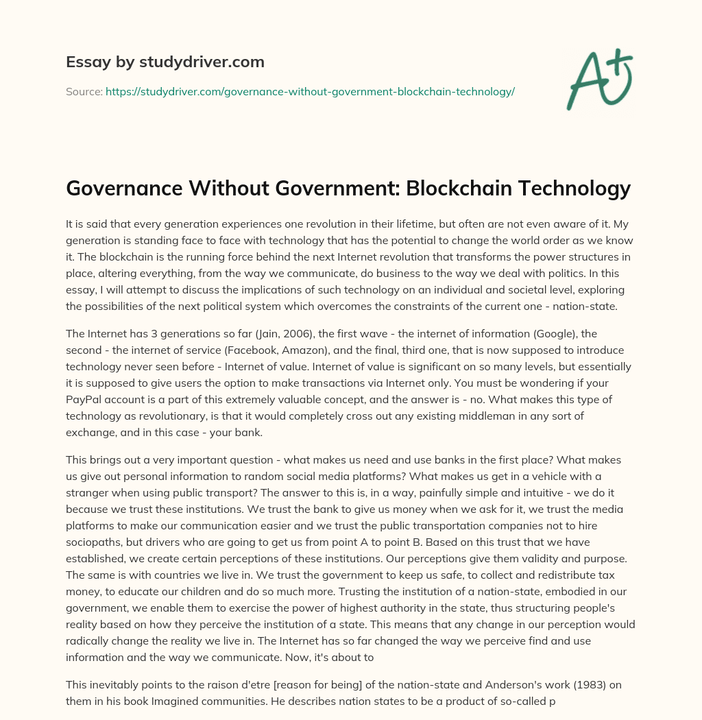 Governance Without Government: Blockchain Technology essay