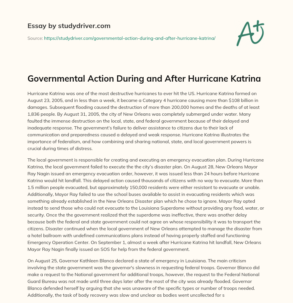 Governmental Action during and after Hurricane Katrina essay
