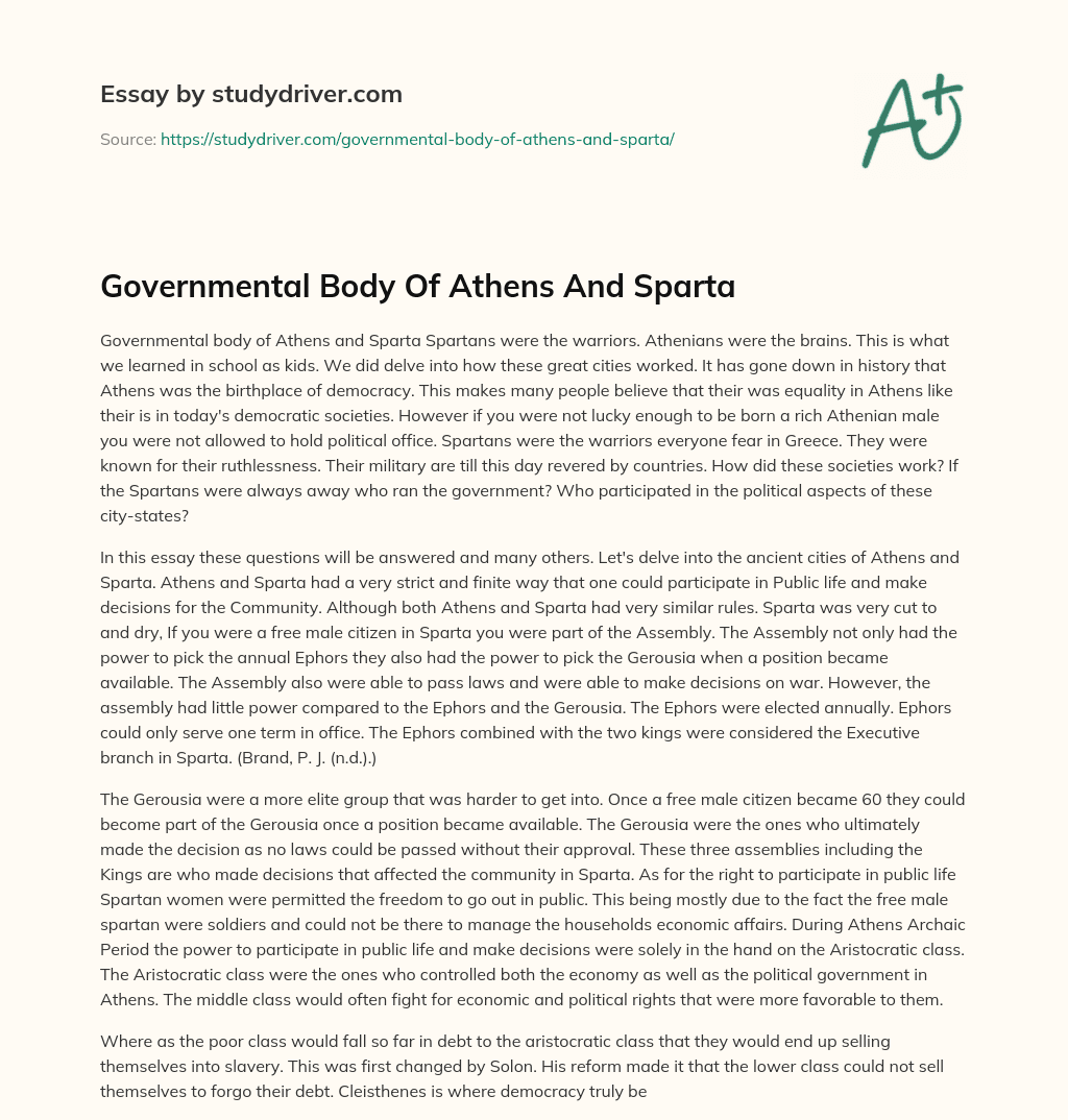 Governmental Body of Athens and Sparta essay