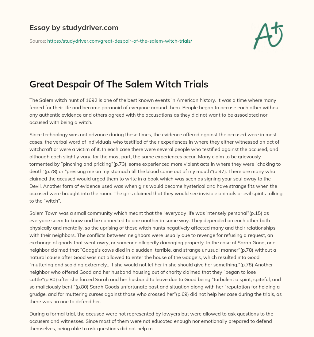 Great Despair of the Salem Witch Trials essay