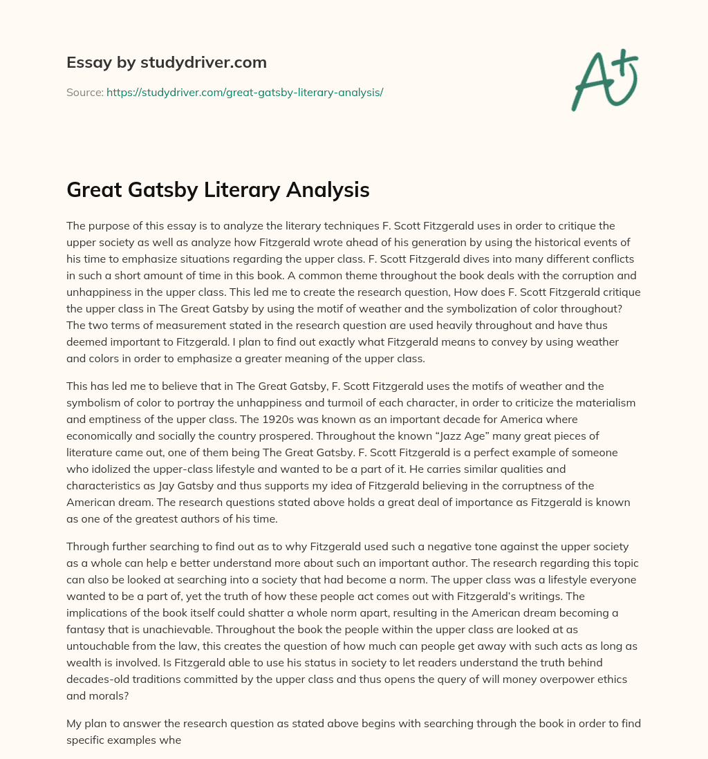 Great Gatsby Literary Analysis essay