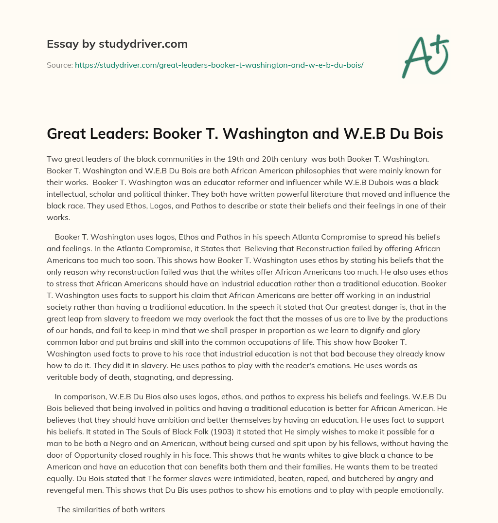 Great Leaders: Booker T. Washington and W.E.B Du Bois essay