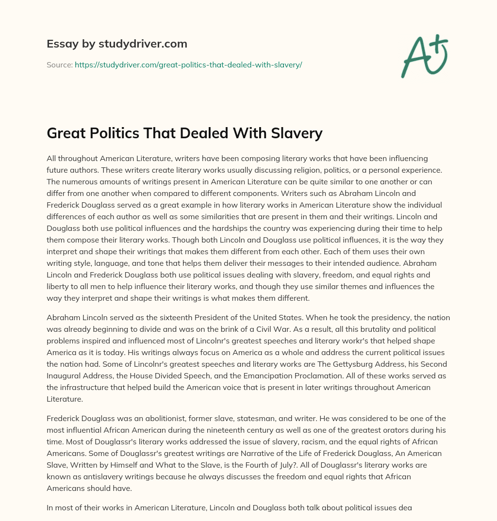 Great Politics that Dealed with Slavery essay