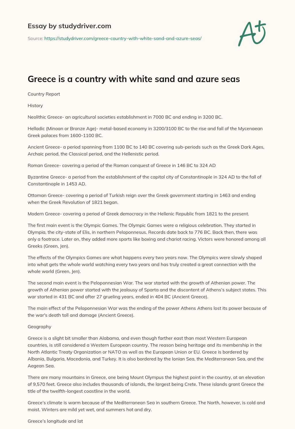 Greece is a Country with White Sand and Azure Seas essay