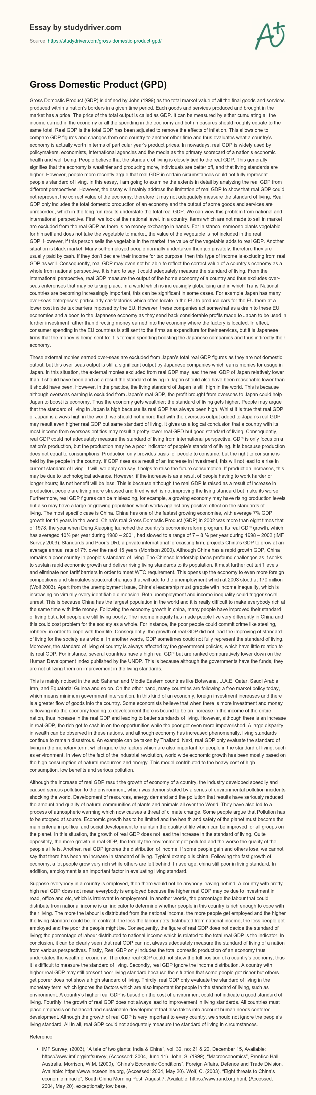 Gross Domestic Product (GPD) essay