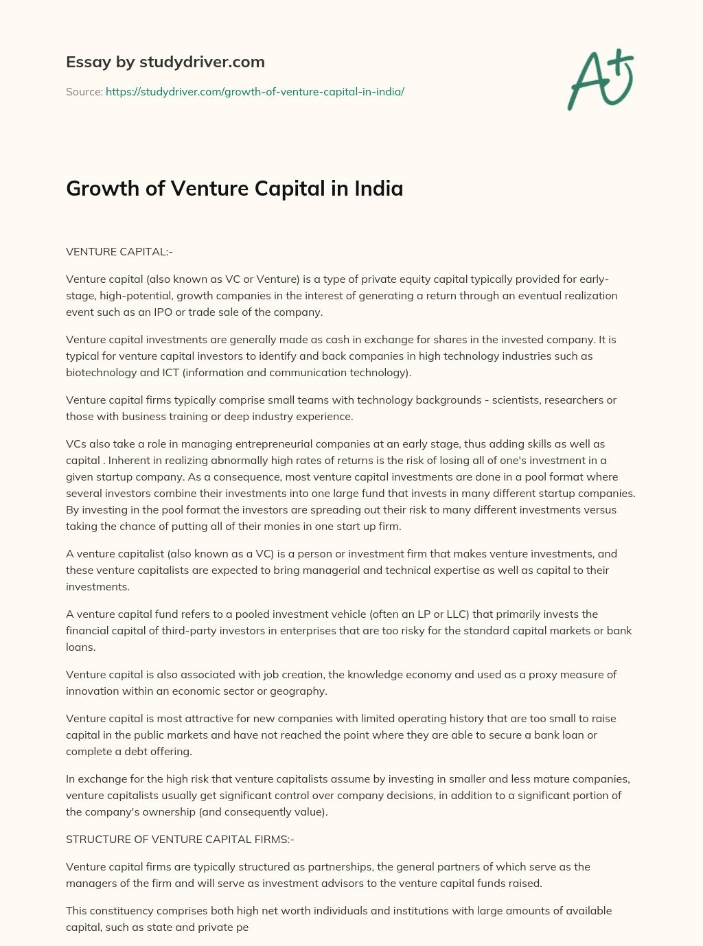 Growth of Venture Capital in India essay