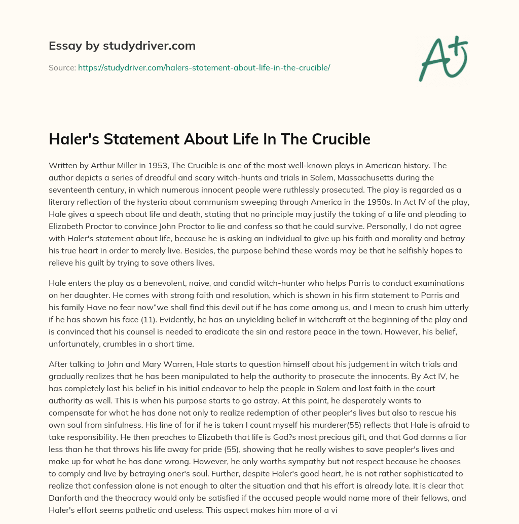 Haler’s Statement about Life in the Crucible essay