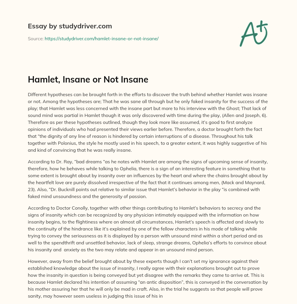 Hamlet, Insane or not Insane essay