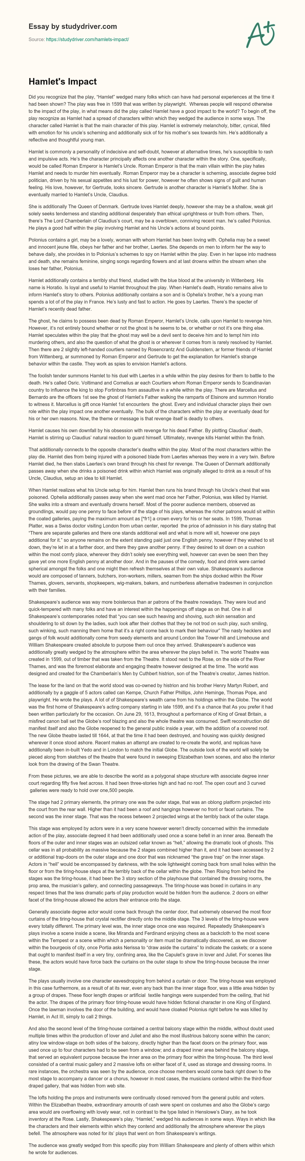 Hamlet’s Impact essay