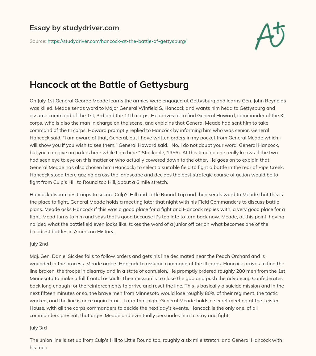 Hancock at the Battle of Gettysburg essay