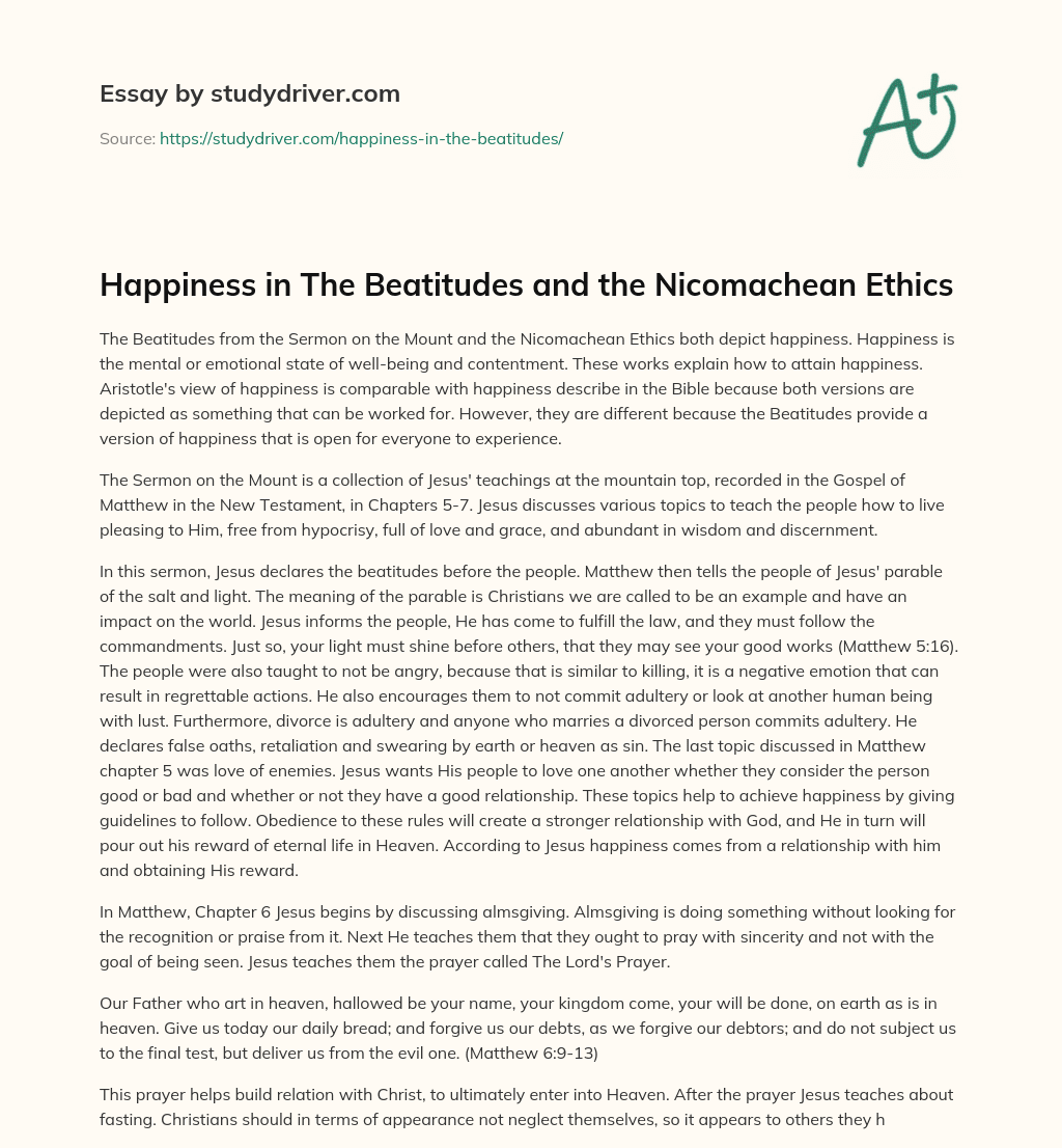 Happiness in the Beatitudes and the Nicomachean Ethics essay