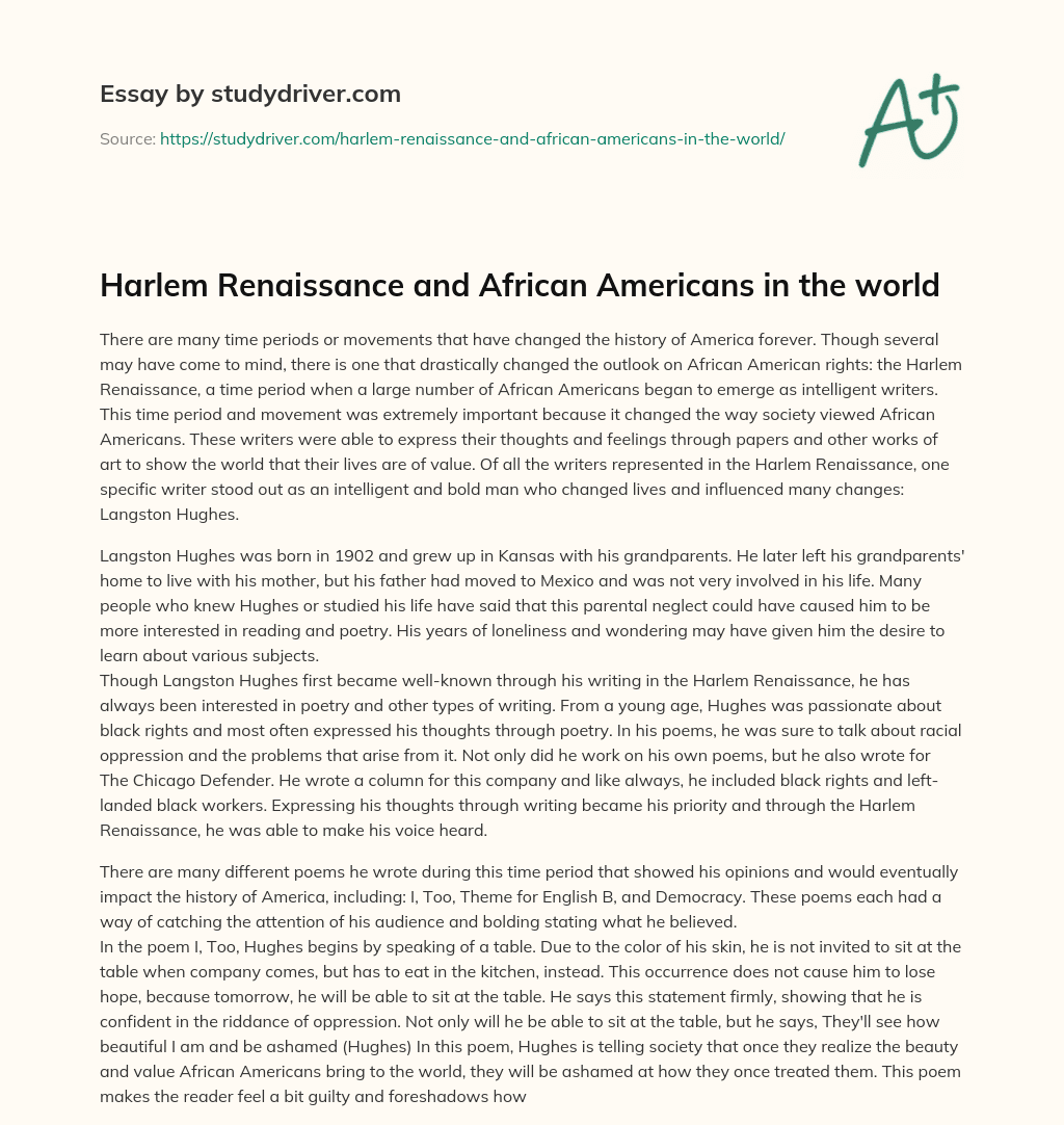 Harlem Renaissance and African Americans in the World essay