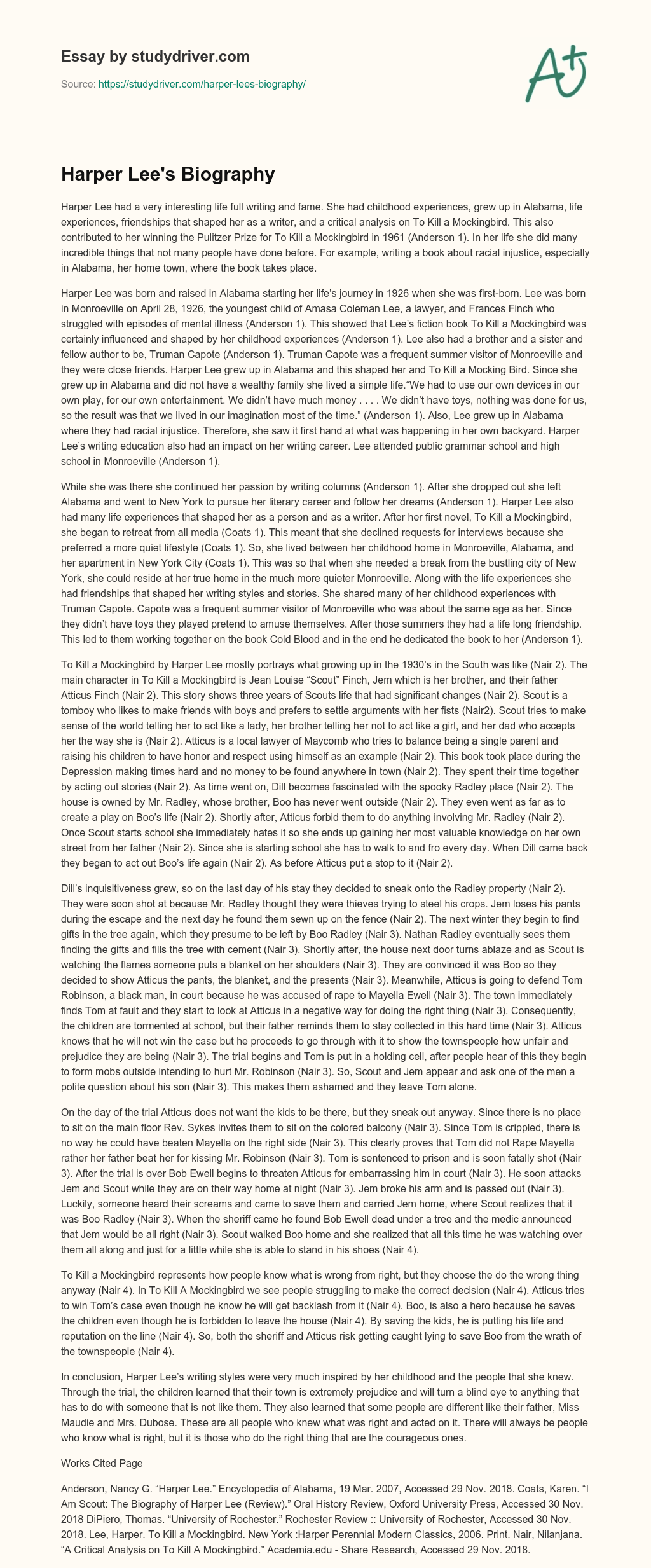 Harper Lee’s Biography essay