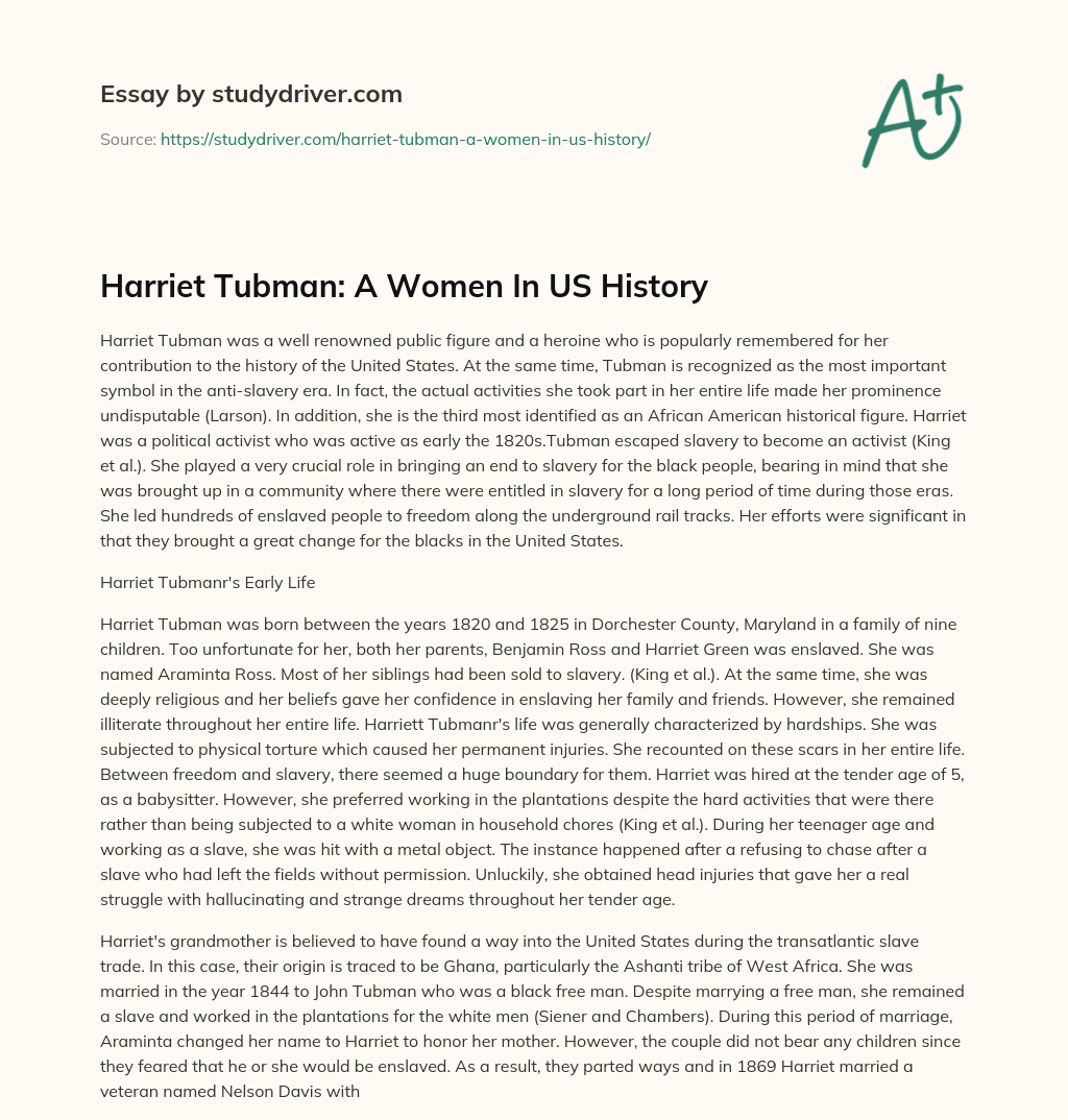 Harriet Tubman: a Women in US History essay