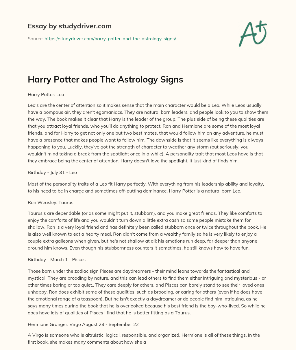 Harry Potter and the Astrology Signs essay