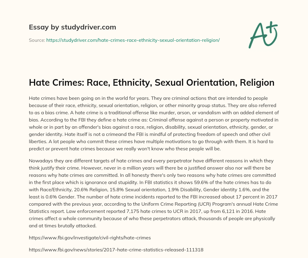 Hate Crimes: Race, Ethnicity, Sexual Orientation, Religion essay